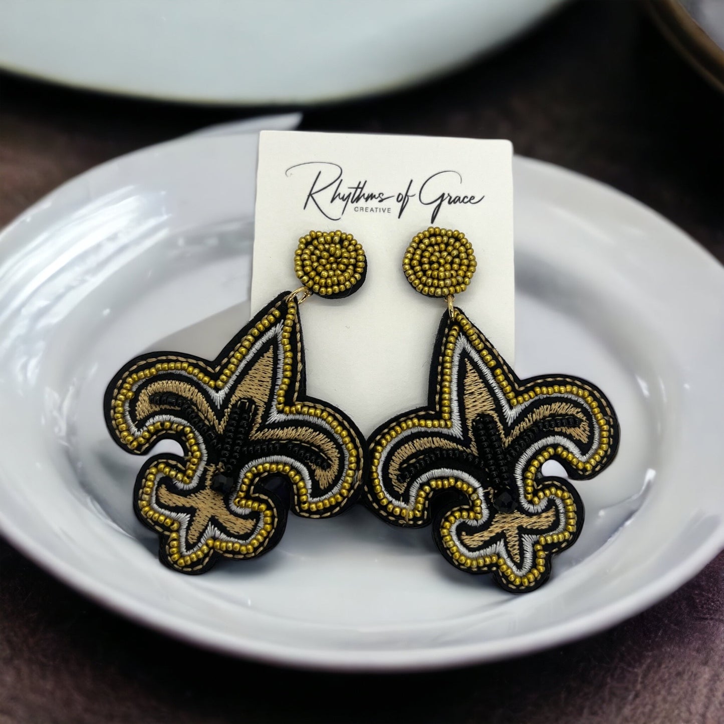 NOLA Fleur-de-Lis Earrings | Beaded Black & Gold Saints Jewelry | Celebrate Louisiana Pride! - Rhythms of Grace Creative
