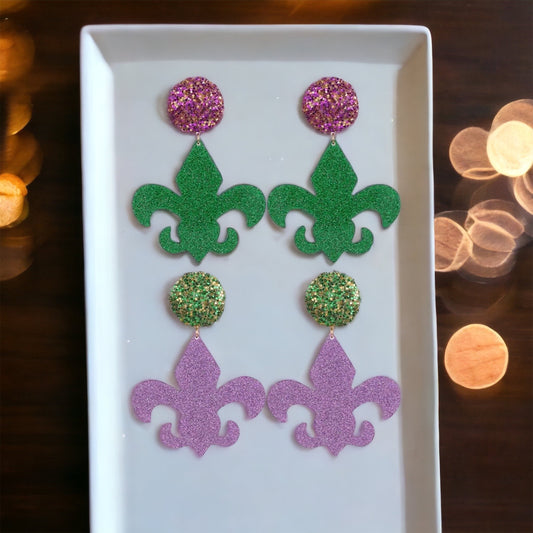 Mardi Gras Earrings - New Orleans Jewelry, Mardi Gras Jewelry, Fleur de lis Earrings, Purple Green Gold, Glitter Earrings, Beaded Earrings