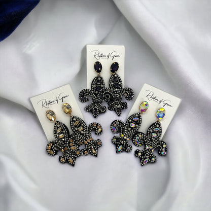 Fleur de lis Earrings - Rhinestone Earrings, Handmade Jewelry, Black and Gold, Who Dat, New Orleans Saints, NOLA Saints, Handmade Earrings