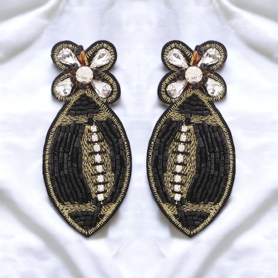 Beaded Football Earrings - Who Dat Nation, NOLA Saints, New Orleans Saints, Black and Gold, Fleur de lis, Beaded Earrings, NOLA Jewelry - Rhythms of Grace Creative