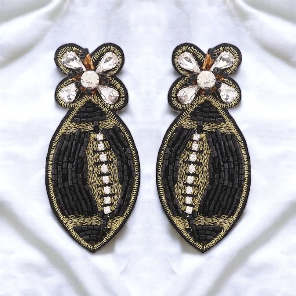 Beaded Football Earrings - Who Dat Nation, NOLA Saints, New Orleans Saints, Black and Gold, Fleur de lis, Beaded Earrings, NOLA Jewelry