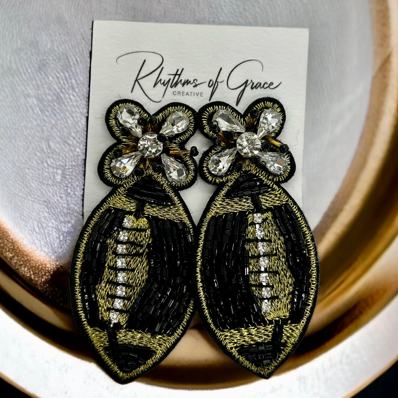 Beaded Football Earrings - Who Dat Nation, NOLA Saints, New Orleans Saints, Black and Gold, Fleur de lis, Beaded Earrings, NOLA Jewelry - Rhythms of Grace Creative