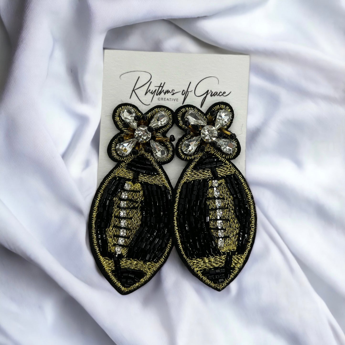 Beaded Football Earrings - Who Dat Nation, NOLA Saints, New Orleans Saints, Black and Gold, Fleur de lis, Beaded Earrings, NOLA Jewelry - Rhythms of Grace Creative