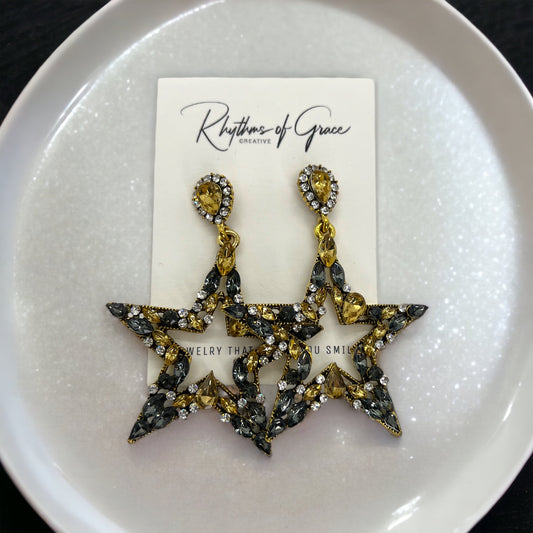 Rhinestone Star Earrings - Black and Gold, Rhinestone Earrings, Star Accessories, Black Earrings, New Years Eve, New Orleans Saints