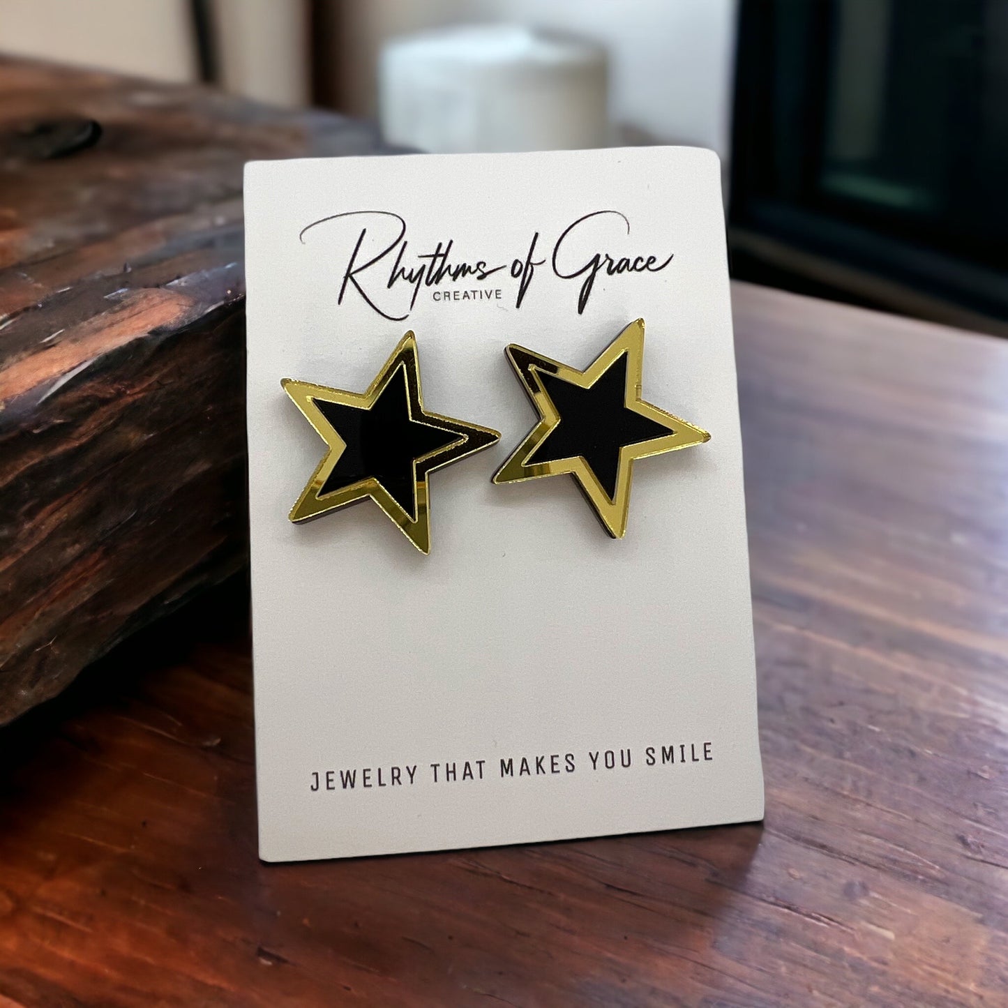 Black and Gold Star Earrings - Star Studs, New Orleans Saints, Handmade Earrings, NOLA Saints, Black and Gold Jewelry, Gold Star, Black Star - Rhythms of Grace Creative