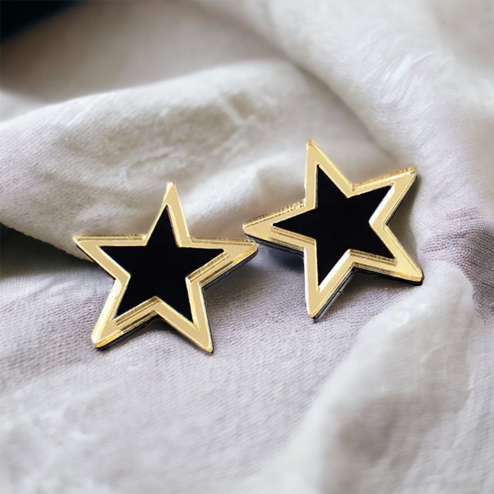 Black and Gold Star Earrings - Star Studs, New Orleans Saints, Handmade Earrings, NOLA Saints, Black and Gold Jewelry, Gold Star, Black Star - Rhythms of Grace Creative