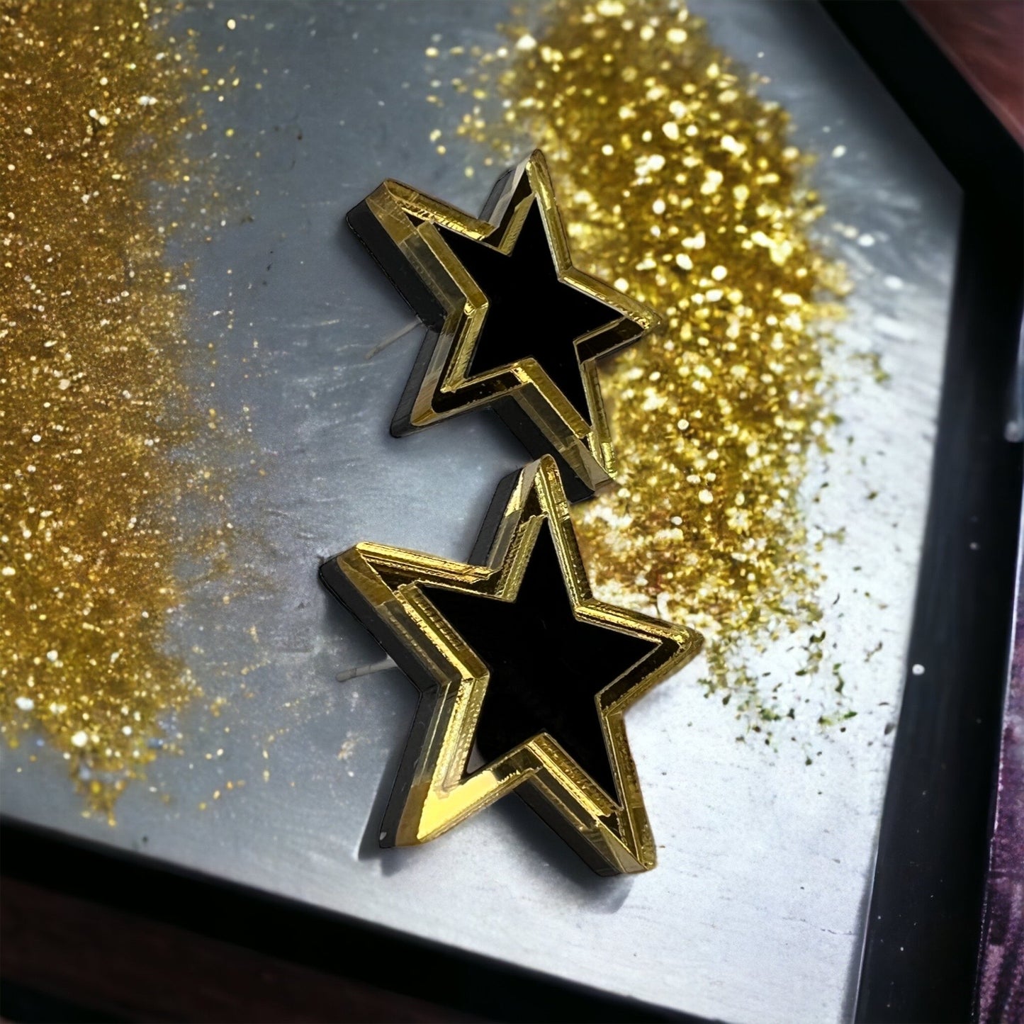 Black and Gold Star Earrings - Star Studs, New Orleans Saints, Handmade Earrings, NOLA Saints, Black and Gold Jewelry, Gold Star, Black Star - Rhythms of Grace Creative