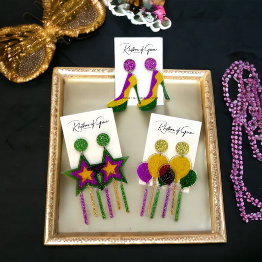 Mardi Gras Earrings - Purple Green Gold, Mardi Gras Mask, New Orleans, Mardi Gras Jewelry, Balloon Earrings, Mardi Gras Accessories