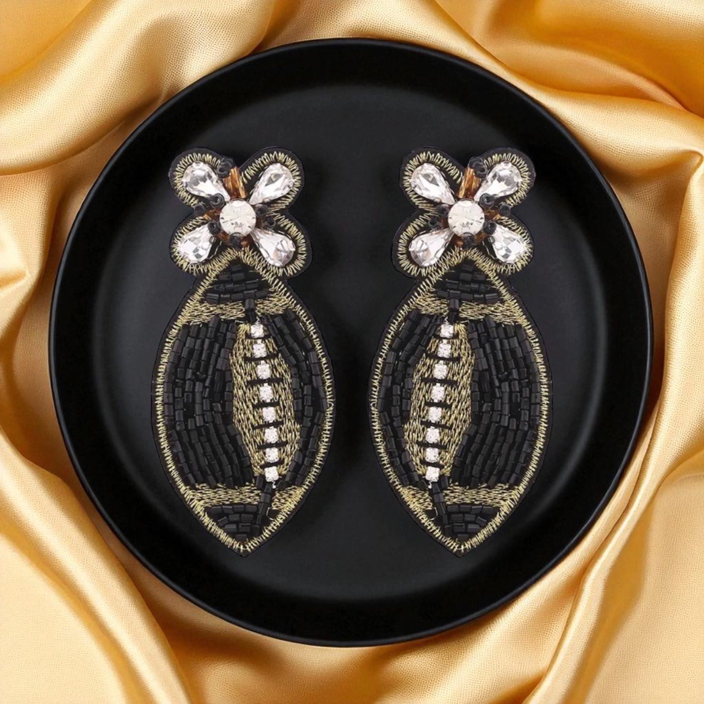 Beaded Football Earrings – Black & Gold NOLA Game Day Jewelry 🏈