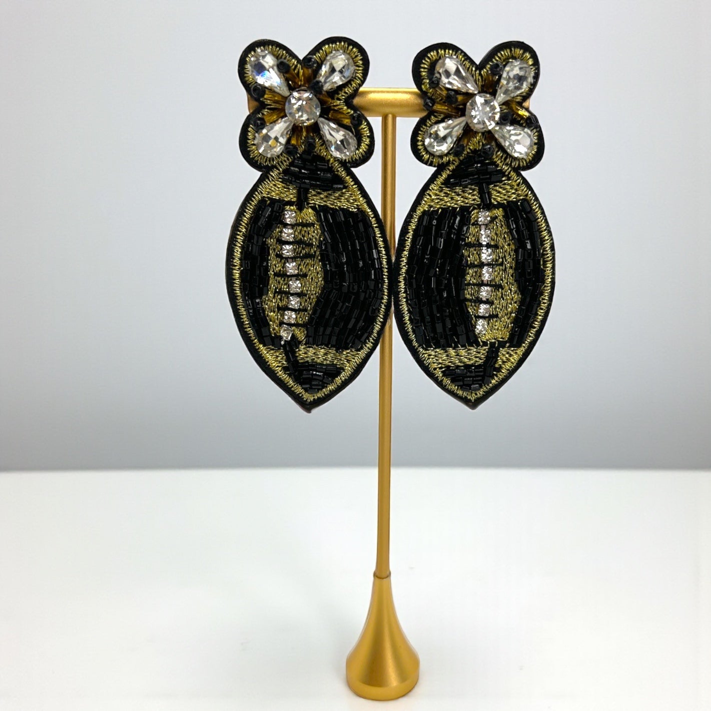 Beaded Football Earrings – Black & Gold NOLA Game Day Jewelry 🏈