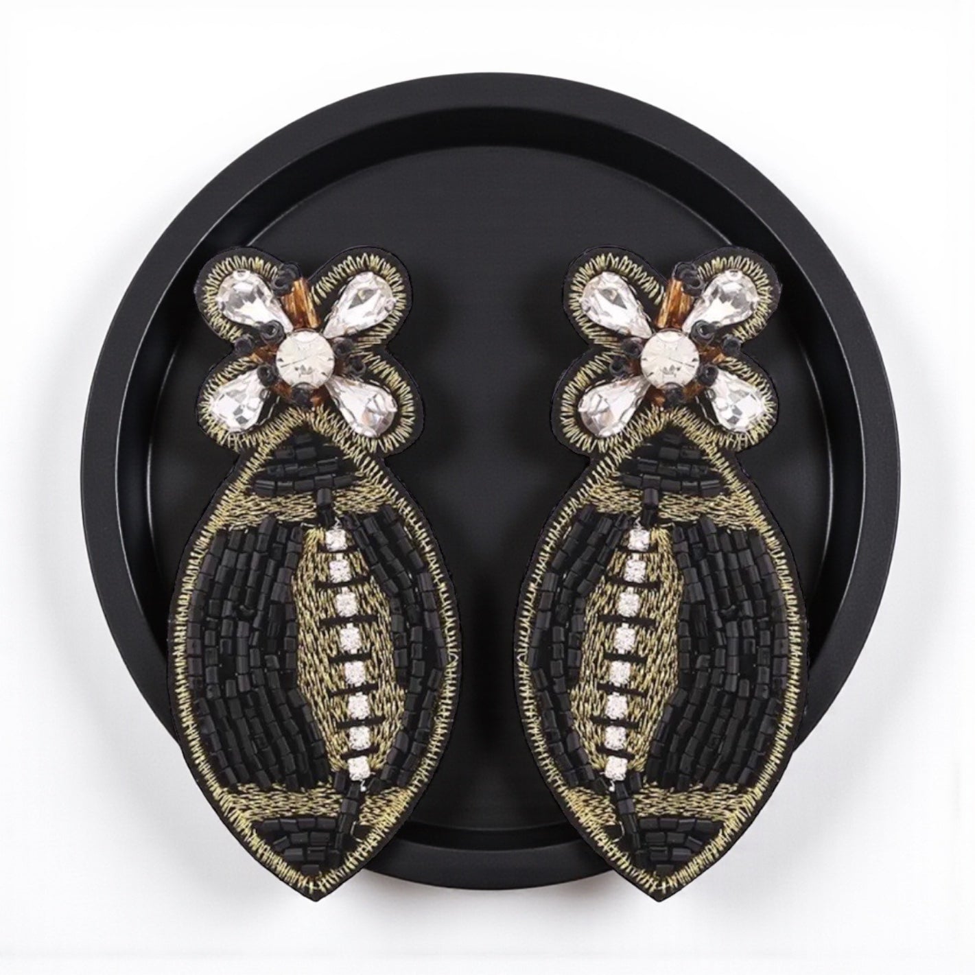 Beaded Football Earrings – Black & Gold NOLA Game Day Jewelry 🏈