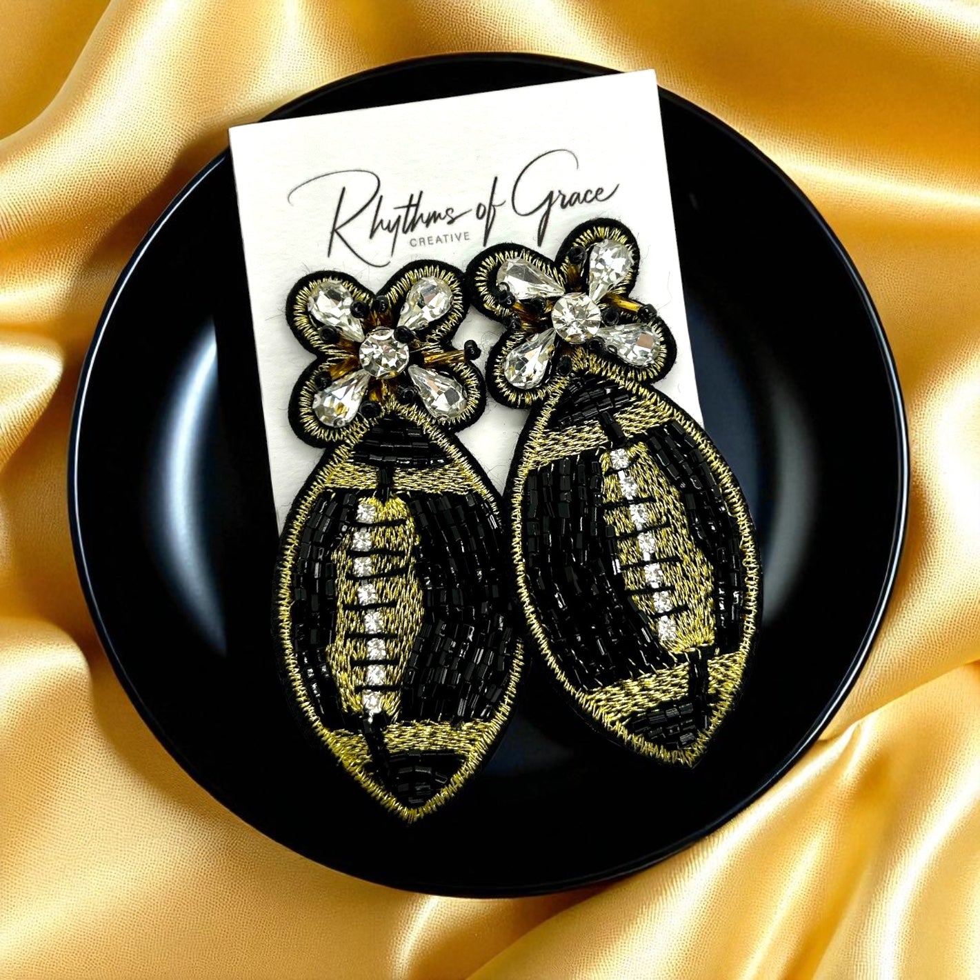 Beaded Football Earrings – Black & Gold NOLA Game Day Jewelry 🏈