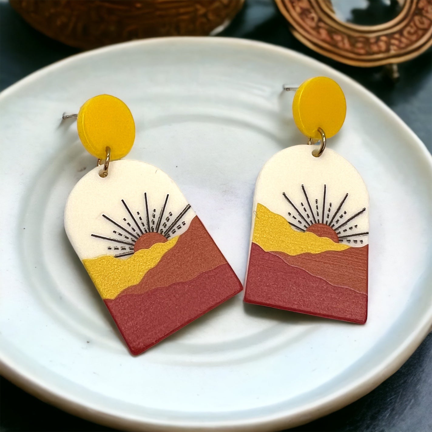 Dessert Sun Earrings - Handmade Earrings, Funky Earrings, Handmade Jewelry, Unique Jewelry, Yellow Earrings, Mountain, Arizona Dessert - Rhythms of Grace Creative