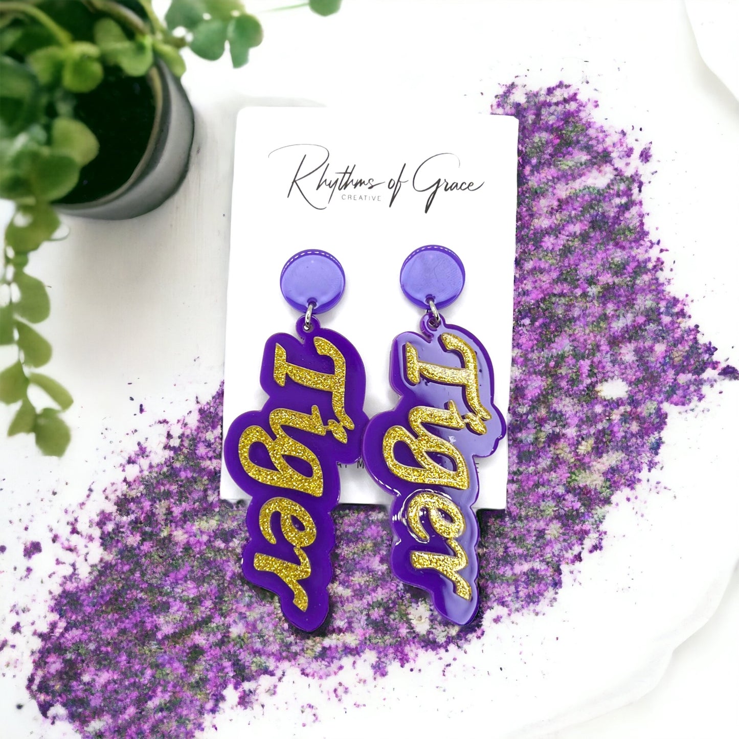 Tiger Earrings - Tiger Earrings, College Football Earrings, Words Earrings, Purple and Gold, Football, Handmade Earrings, Louisiana