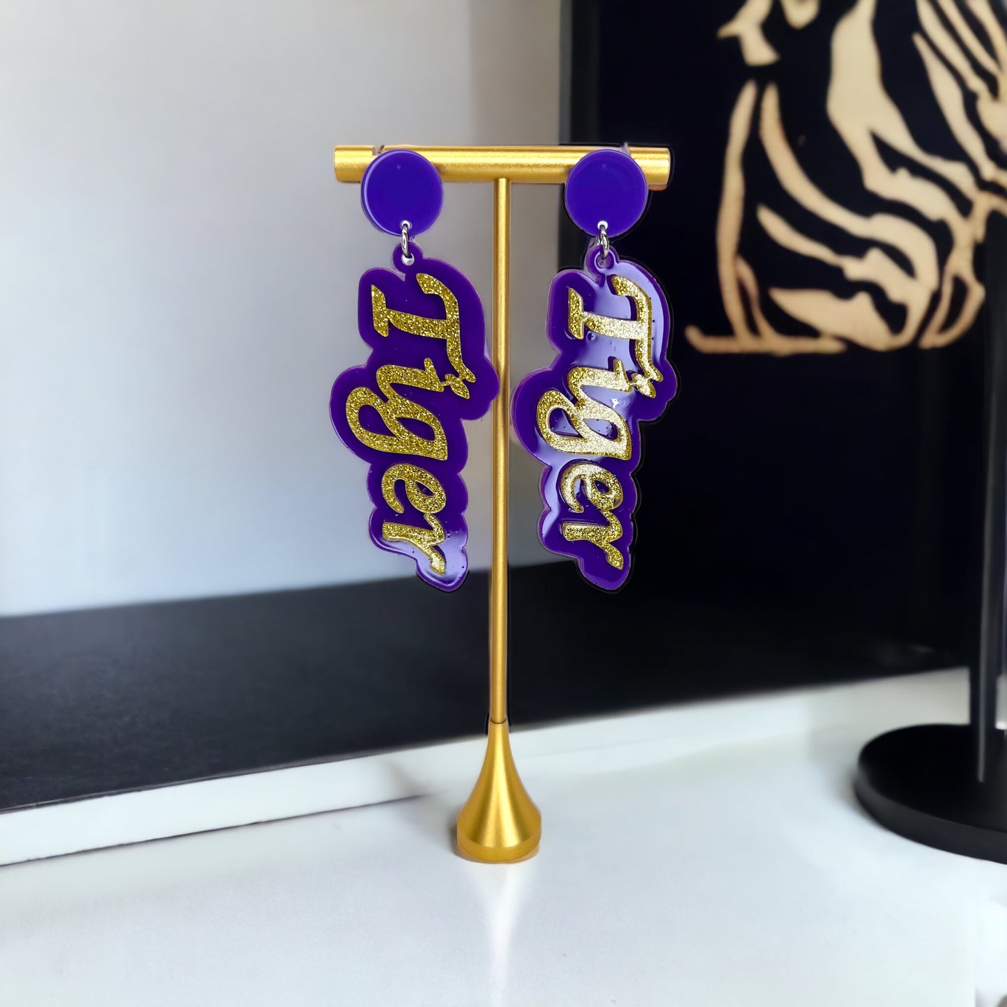 Tiger Earrings - Tiger Earrings, College Football Earrings, Words Earrings, Purple and Gold, Football, Handmade Earrings, Louisiana