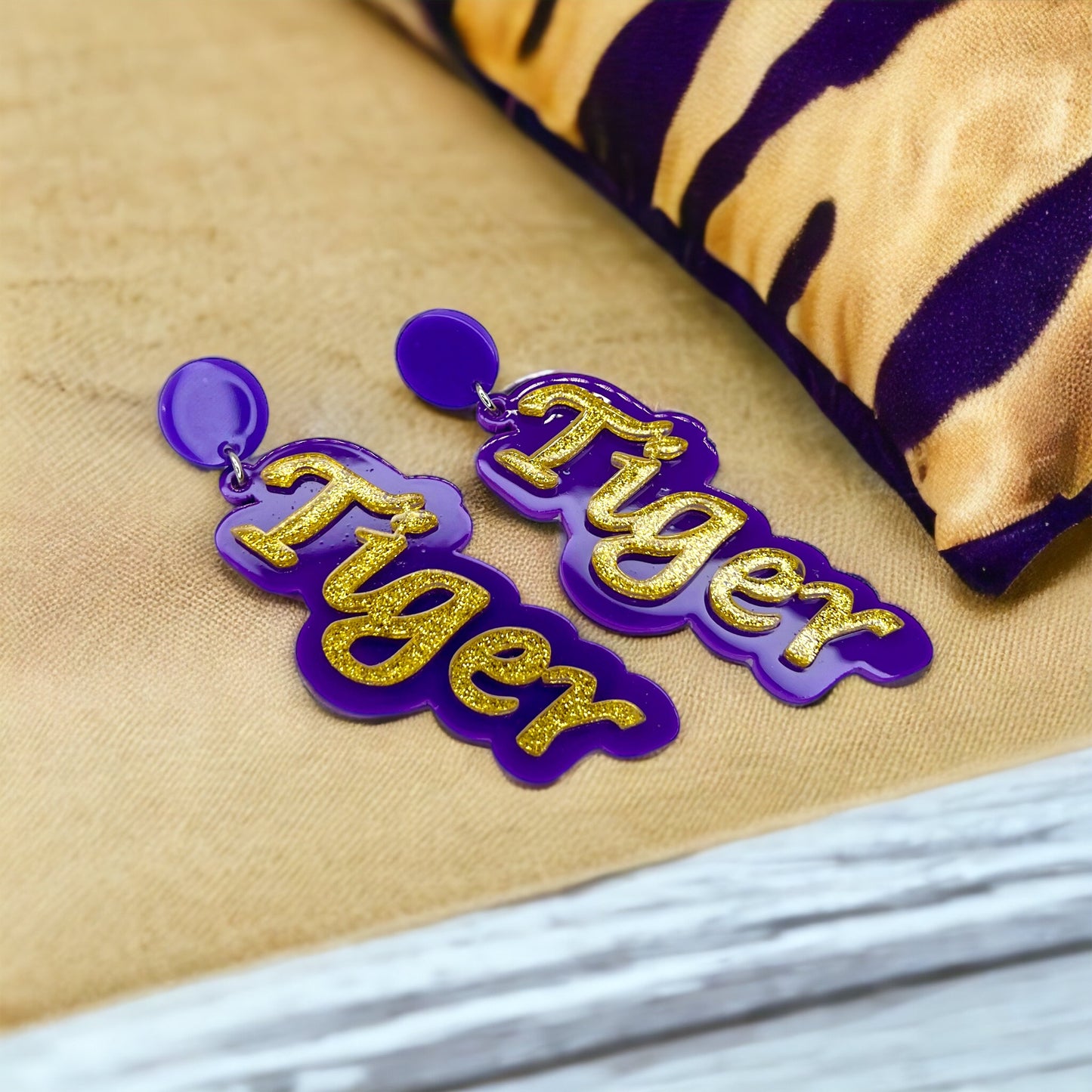 Tiger Earrings - Tiger Earrings, College Football Earrings, Words Earrings, Purple and Gold, Football, Handmade Earrings, Louisiana
