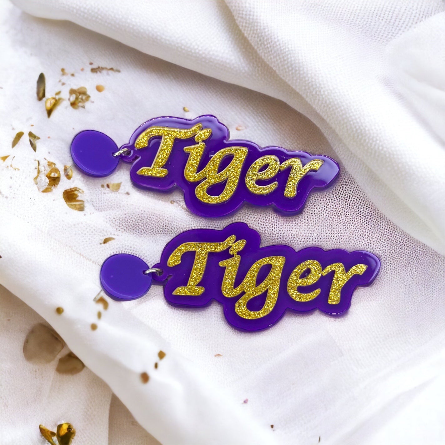 Tiger Earrings - Tiger Earrings, College Football Earrings, Words Earrings, Purple and Gold, Football, Handmade Earrings, Louisiana