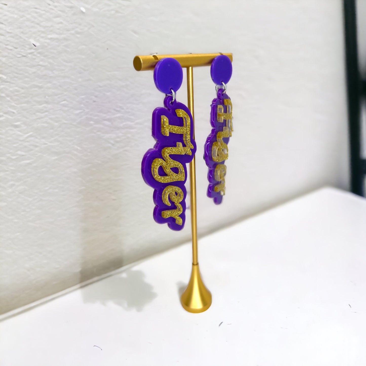Tiger Earrings - Tiger Earrings, College Football Earrings, Words Earrings, Purple and Gold, Football, Handmade Earrings, Louisiana