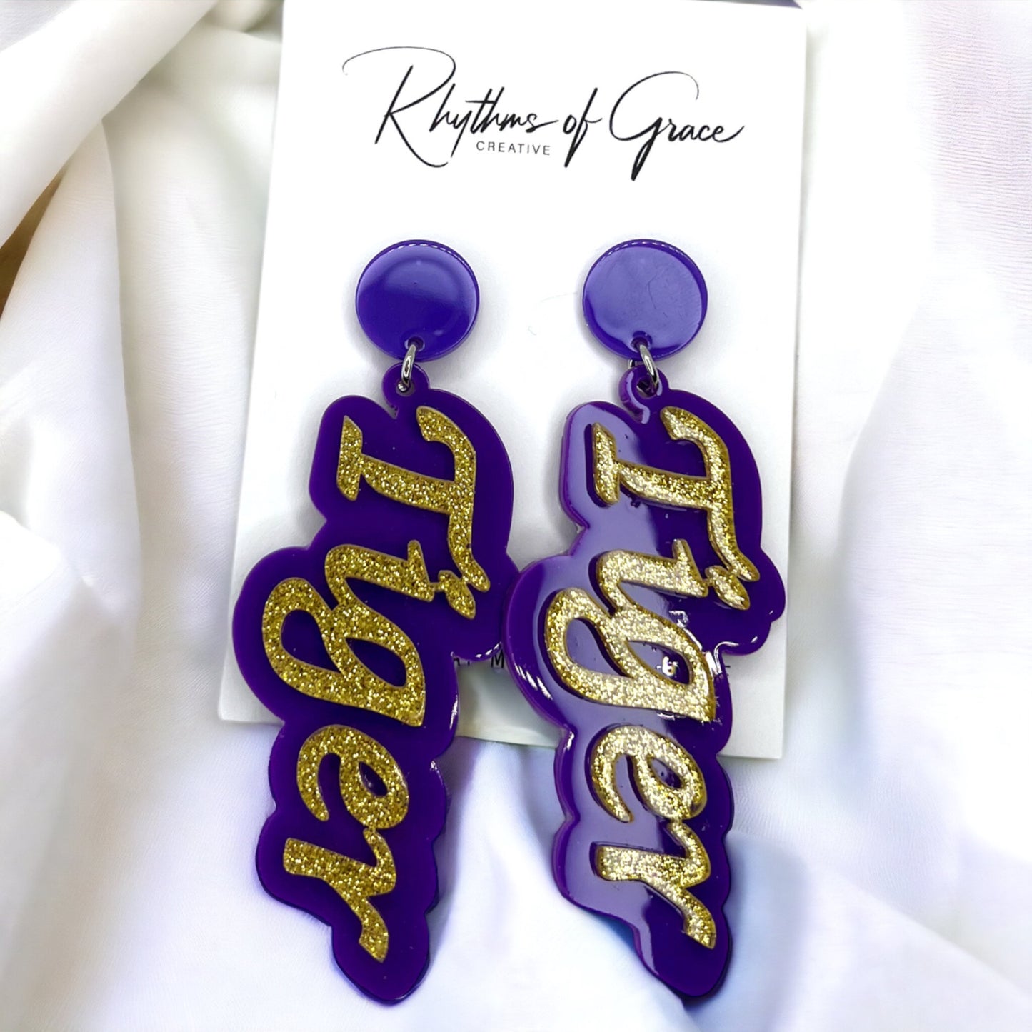 Tiger Earrings - Tiger Earrings, College Football Earrings, Words Earrings, Purple and Gold, Football, Handmade Earrings, Louisiana