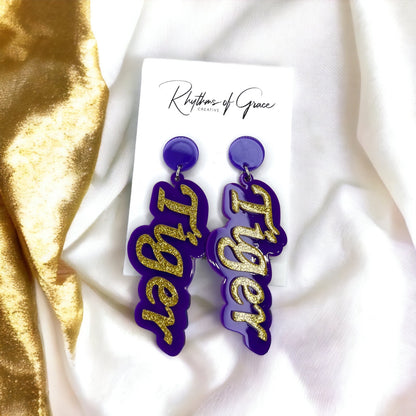 Tiger Earrings - Tiger Earrings, College Football Earrings, Words Earrings, Purple and Gold, Football, Handmade Earrings, Louisiana