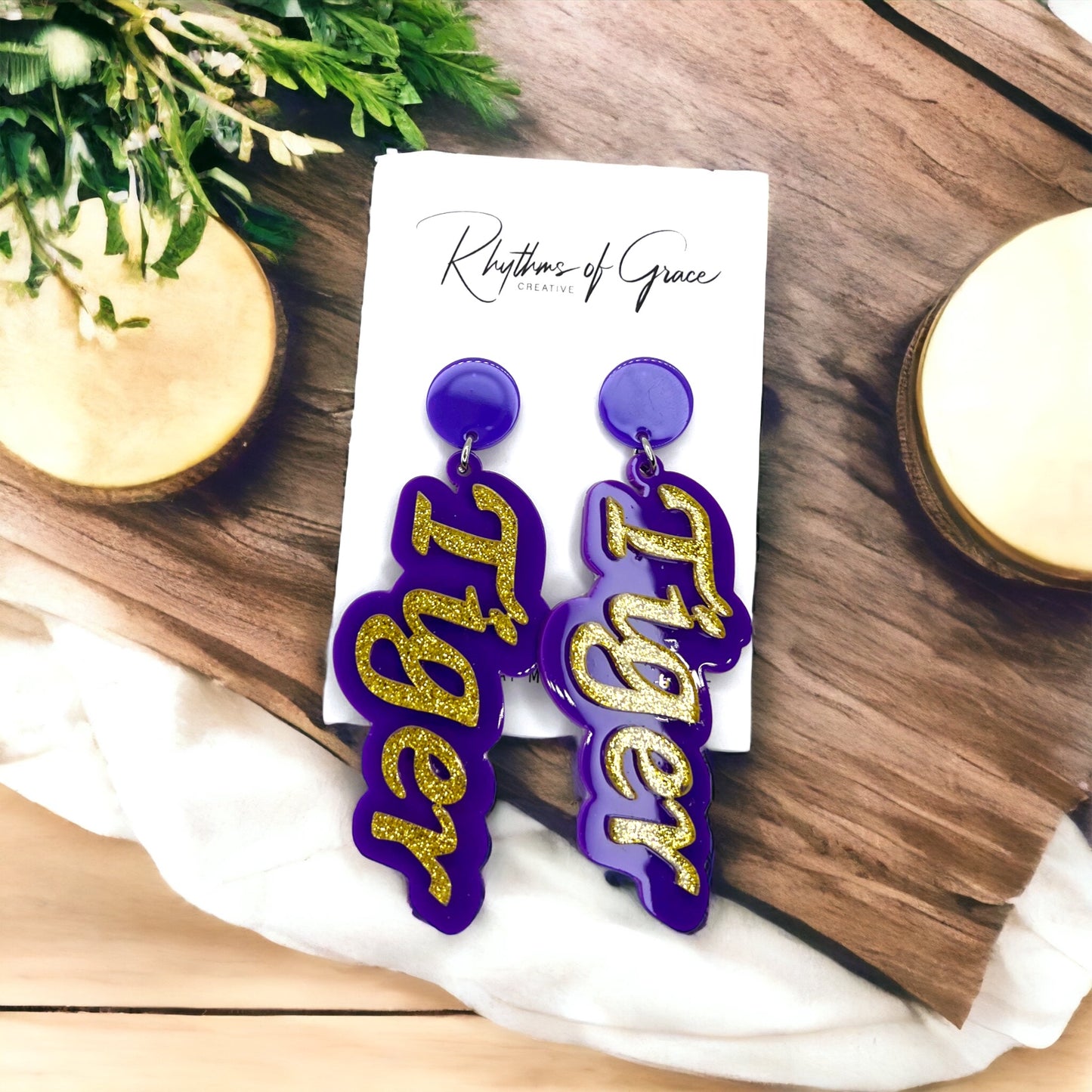 Tiger Earrings - Tiger Earrings, College Football Earrings, Words Earrings, Purple and Gold, Football, Handmade Earrings, Louisiana