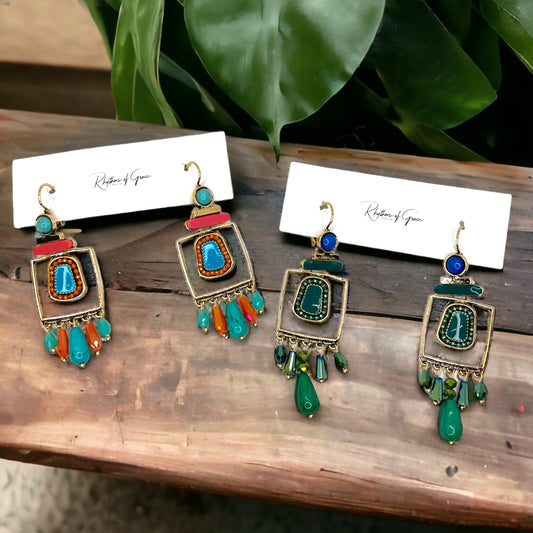 Boho Stone Earrings - Blue Green Stones, Teal and Blue, Boho Earrings - Rhythms of Grace Creative