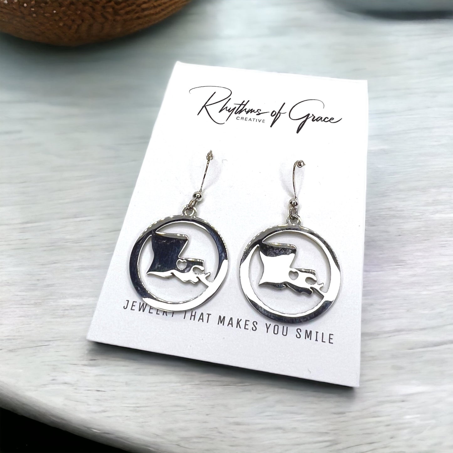 Louisiana Earrings - Louisiana State, Handmade Jewelry, Heart of Louisiana, New Orleans Saints, NOLA Earrings, Handmade Earrings - Rhythms of Grace Creative
