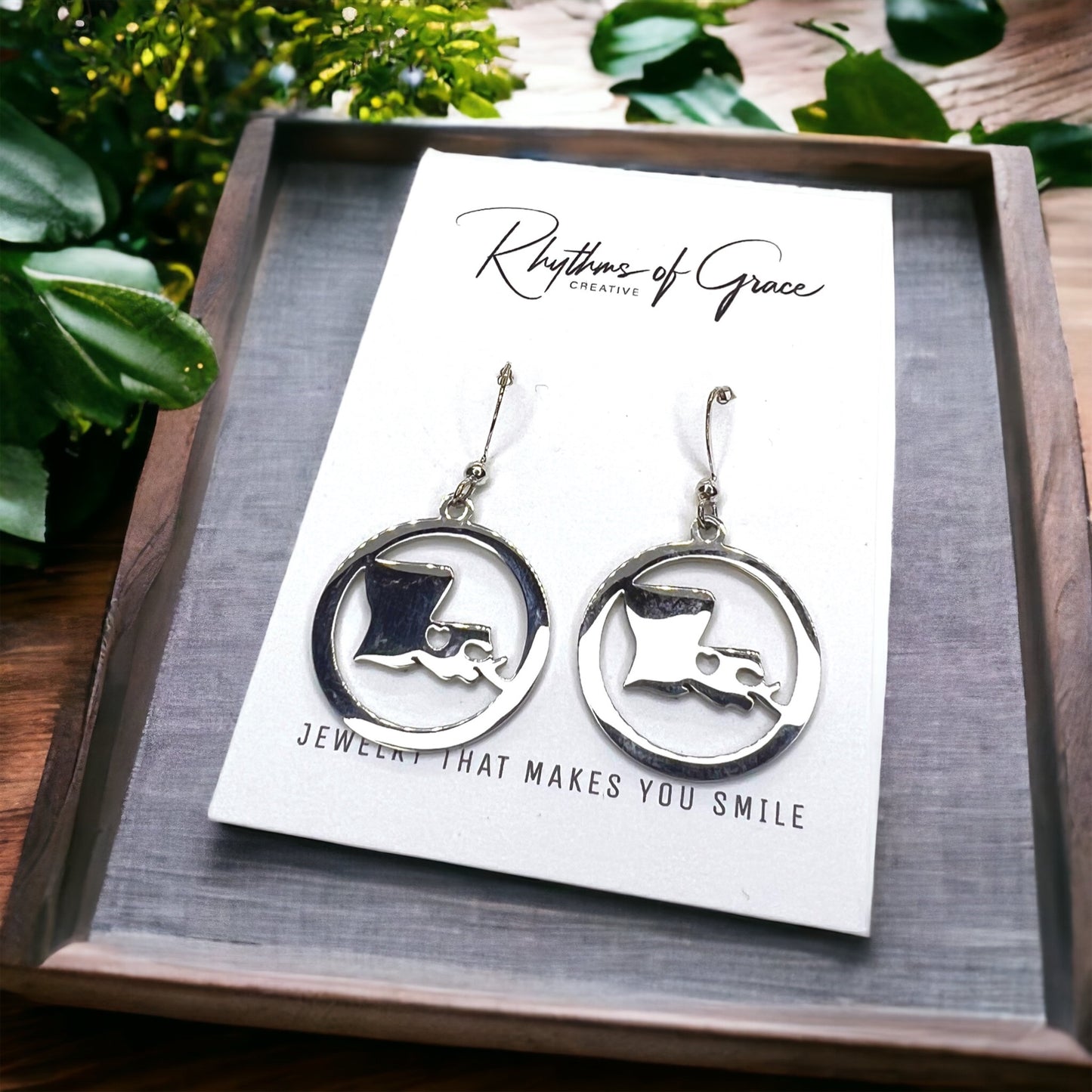 Louisiana Earrings - Louisiana State, Handmade Jewelry, Heart of Louisiana, New Orleans Saints, NOLA Earrings, Handmade Earrings - Rhythms of Grace Creative