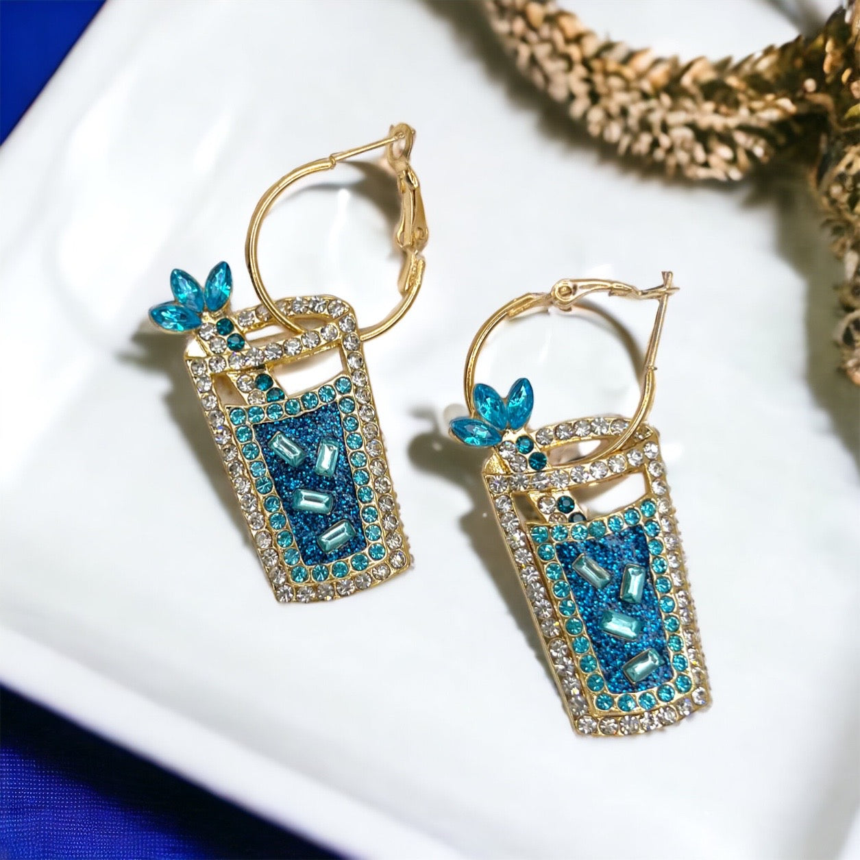 Rhinestone Drink Earrings - Handmade Jewelry, Drink Jewelry, Beach Accessories, Handmade Earrings, Happy Hour, Cocktail Earrings, Blue Drink - Rhythms of Grace Creative