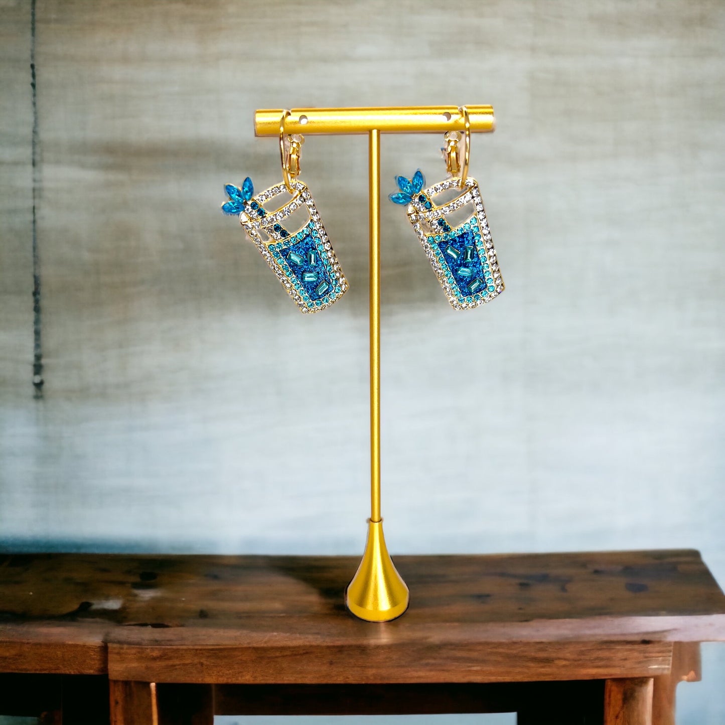 Rhinestone Drink Earrings - Handmade Jewelry, Drink Jewelry, Beach Accessories, Handmade Earrings, Happy Hour, Cocktail Earrings, Blue Drink - Rhythms of Grace Creative