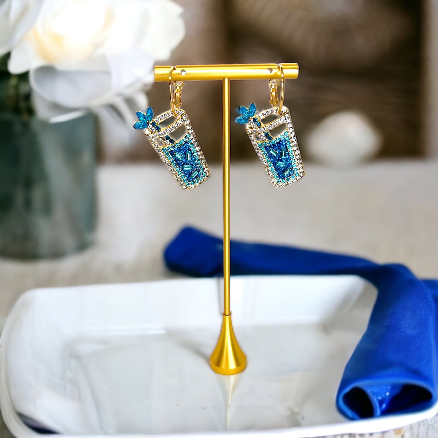 Rhinestone Drink Earrings - Handmade Jewelry, Drink Jewelry, Beach Accessories, Handmade Earrings, Happy Hour, Cocktail Earrings, Blue Drink - Rhythms of Grace Creative