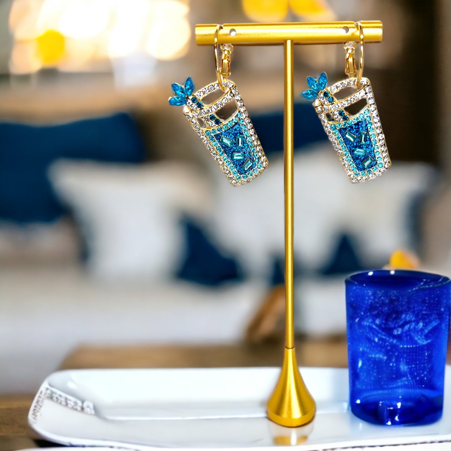 Rhinestone Drink Earrings - Handmade Jewelry, Drink Jewelry, Beach Accessories, Handmade Earrings, Happy Hour, Cocktail Earrings, Blue Drink - Rhythms of Grace Creative