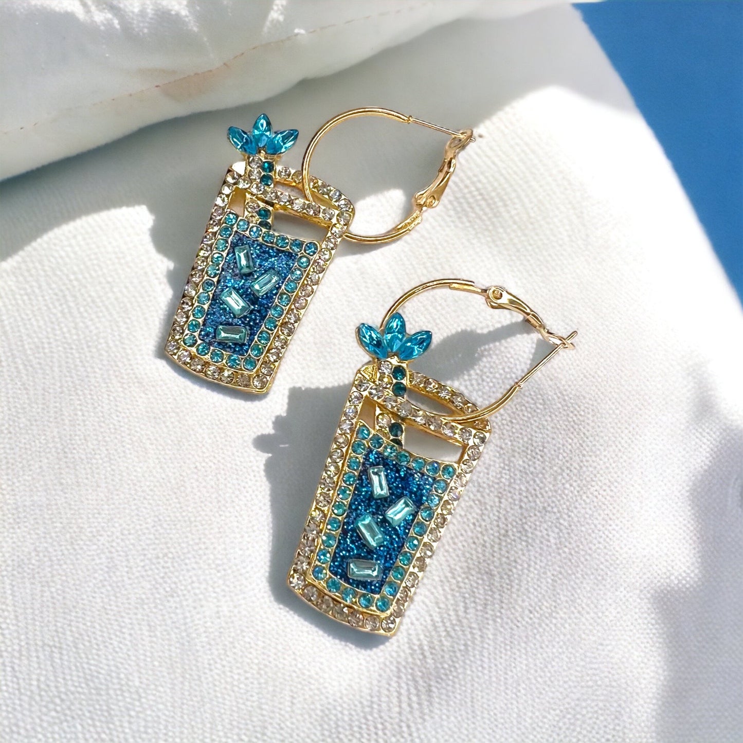 Rhinestone Drink Earrings - Handmade Jewelry, Drink Jewelry, Beach Accessories, Handmade Earrings, Happy Hour, Cocktail Earrings, Blue Drink - Rhythms of Grace Creative