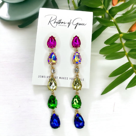 Rainbow Drop Earrings - Rainbow Rhinestones, PRIDE Earrings;  Rhinestone Rainbow Earrings