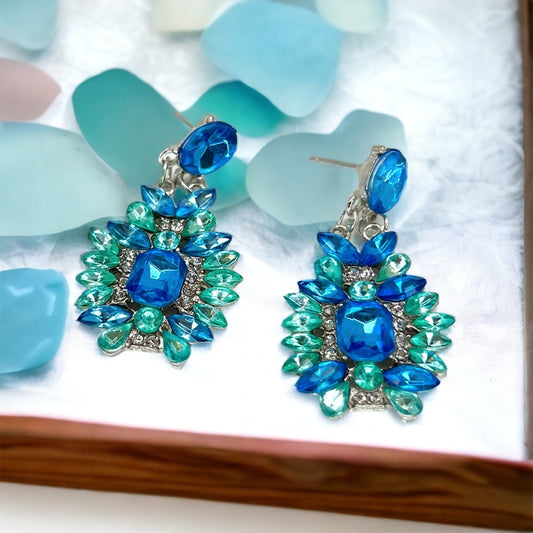 Blue Rhinestone Earrings - Mardi Gras Ball, Rhinestone Earrings, Winter Formal, Parade Outfit