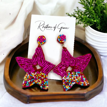 Beaded Star Earrings - Vacation Earrings, Pink Earrings, Beaded Earrings, Beaded Jewelry, Star Accessories, Summer Accessories, Pink Jewelry
