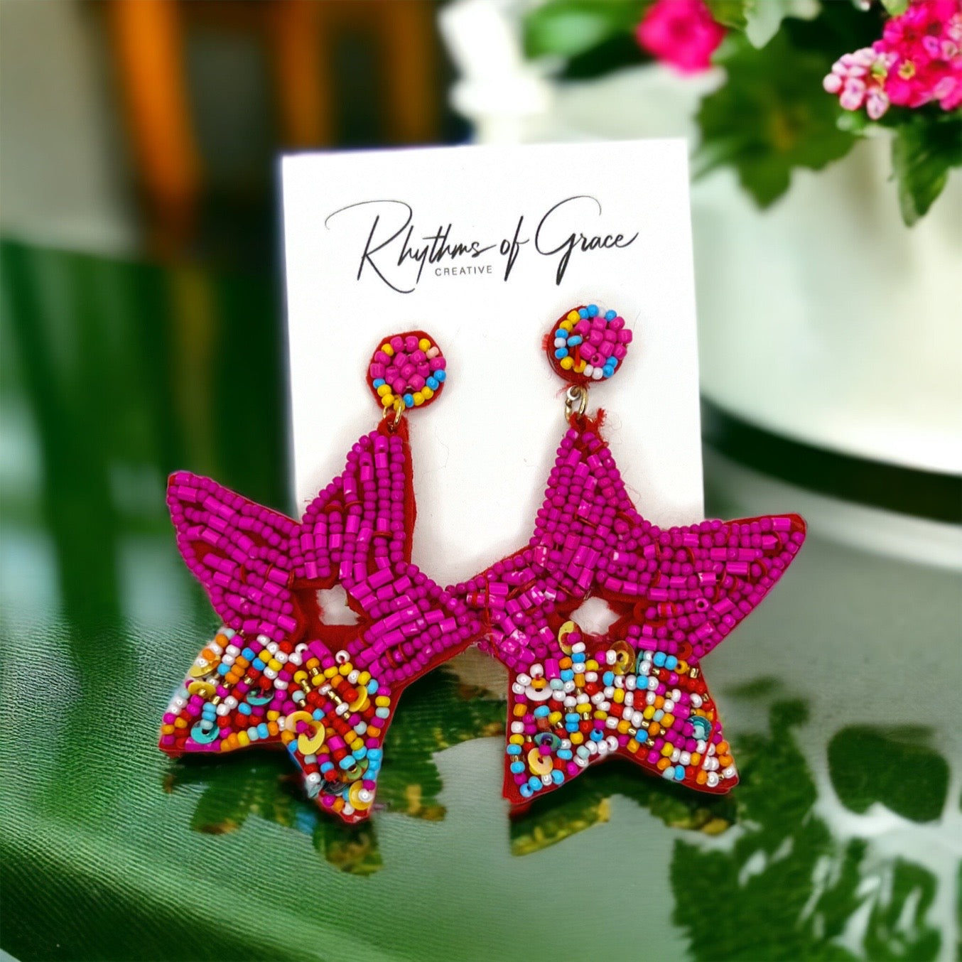Beaded Star Earrings - Vacation Earrings, Pink Earrings, Beaded Earrings, Beaded Jewelry, Star Accessories, Summer Accessories, Pink Jewelry
