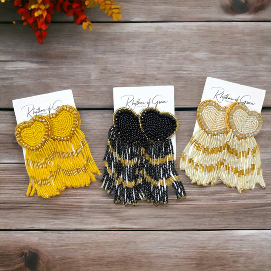 Beaded Heart Earrings - Boho Earrings, Bohemian Style, Kentucky Derby, Rose Earrings, Handmade Jewelry, Anniversary Gift - Rhythms of Grace Creative