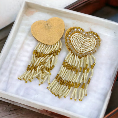 Beaded Heart Earrings - Boho Earrings, Bohemian Style, Kentucky Derby, Rose Earrings, Handmade Jewelry, Anniversary Gift