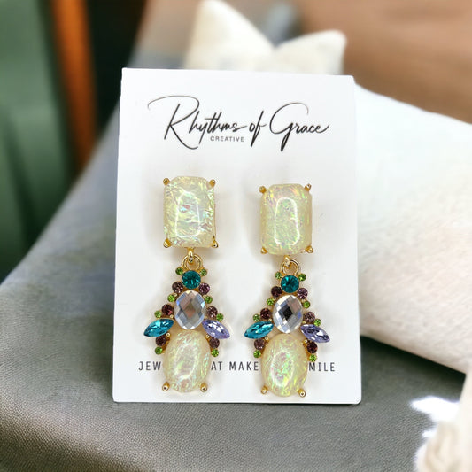 Opal Rhinestone Earrings - Mardi Gras Ball, Rhinestone Earrings, New Orleans, NOLA, Purple Green Gold, Mardi Gras Jewelry, Parade Outfit
