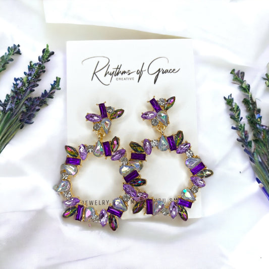 Purple Rhinestone Earrings - Mardi Gras Ball, Rhinestone Earrings, New Orleans, NOLA, Purple Green Gold, Mardi Gras Jewelry, Parade Outfit
