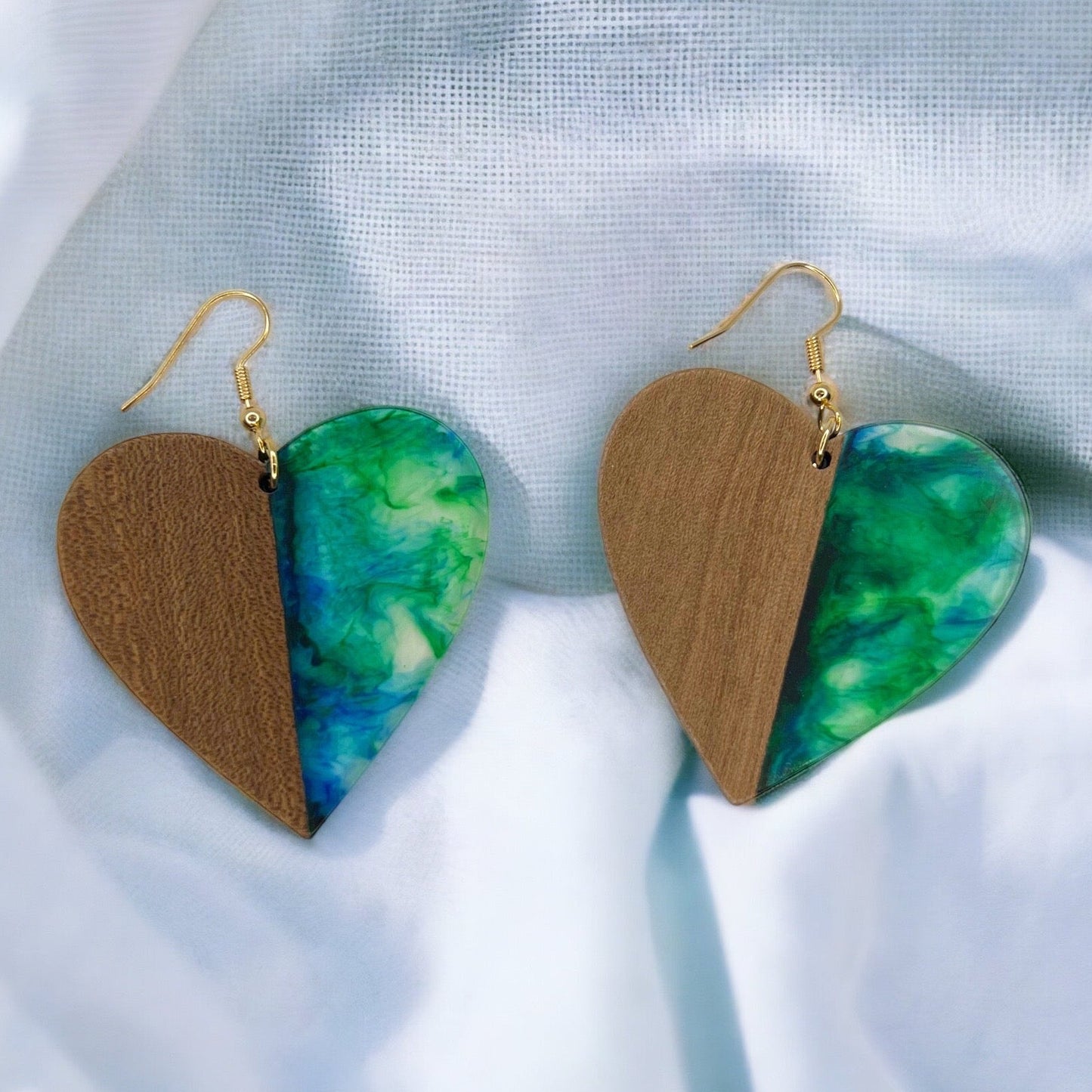 Green Heart Earrings - Wood Jewelry, Stained Glass, Heart Accessories, Green Jewelry, Color Block Jewelry, Dangle Earrings, Green Earrings - Rhythms of Grace Creative