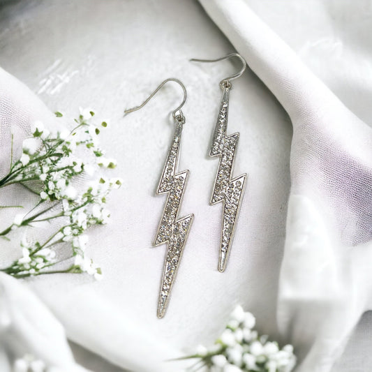 Rhinestone Lightning Earrings - Silver Dangle Earrings, Delicate Earrings, Lightning Jewelry