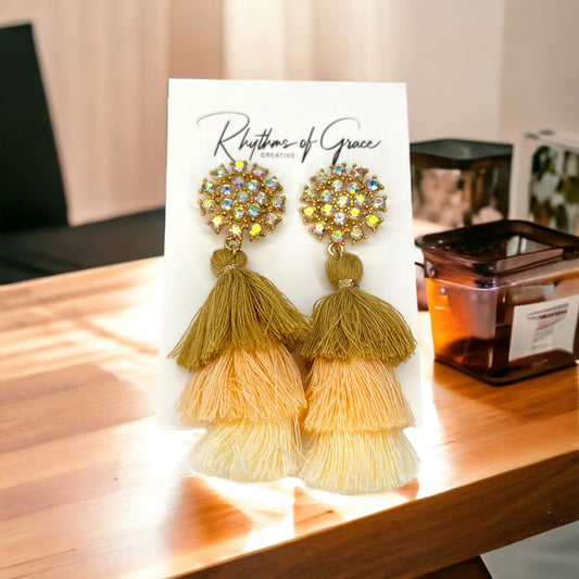 Peach Rhinestone Tassel Earrings - Peach and White, Handmade Earrings, Springtime Accessories, Coral Earrings