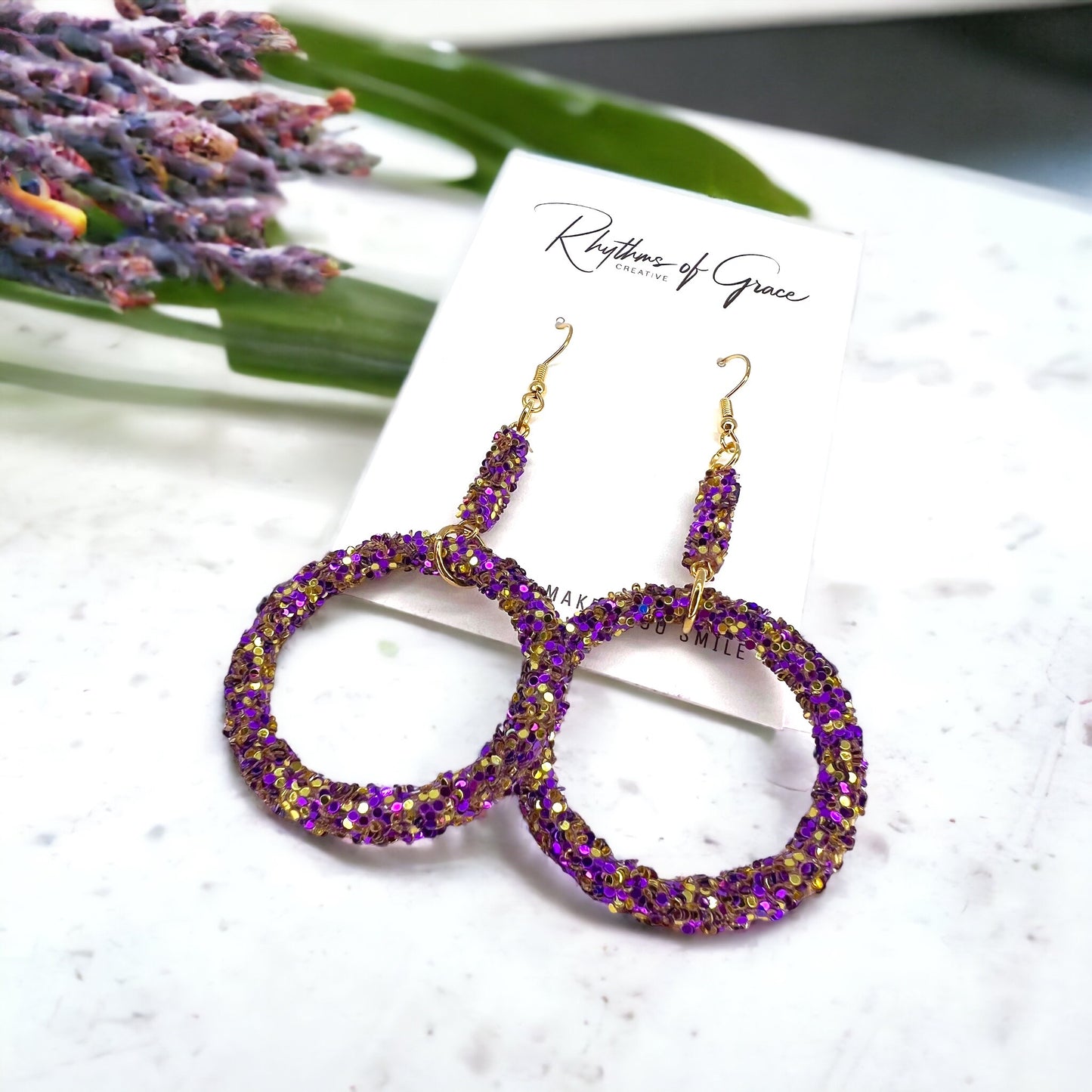 Sparkle in Splendor: Purple Gold Glitter Earrings ✨