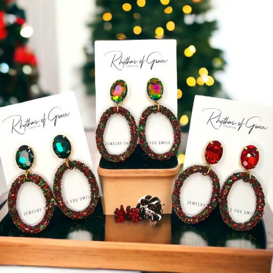 Sparkle & Sleigh: Red & Green Glitter Christmas Dangle Earrings - Rhythms of Grace Creative