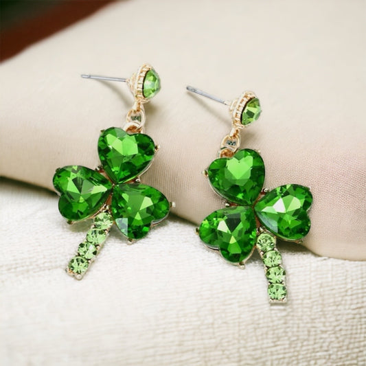Rhinestone Shamrock Earrings - Four Leaf Clover, Green Earrings, Saint Patrick's Day, Green Rhinestones, Lucky Earrings, St. Patrick's Day