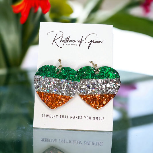 Irish Flag Earrings - Irish Earrings, Heart Earrings, Saint Patrick's Day, Glitter Earrings, Lucky Earrings, St. Patrick's Day