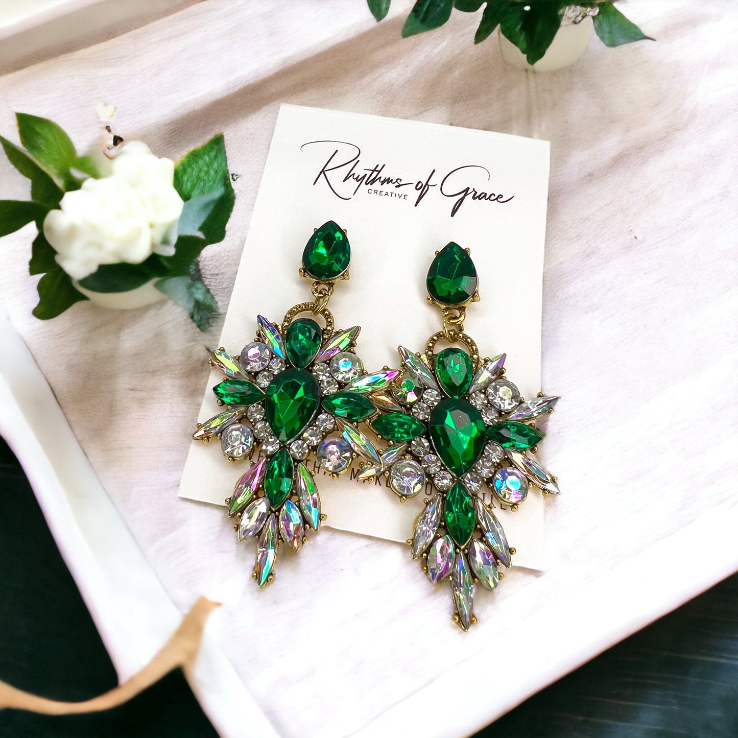 Luck & Glam: Dazzling Green Rhinestone Dangle Earrings! - Rhythms of Grace Creative