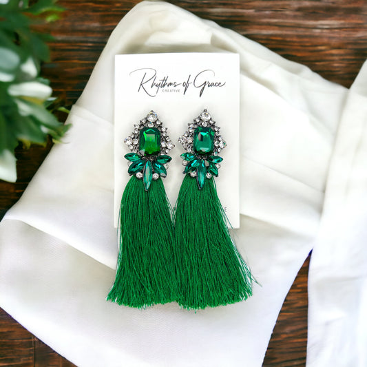 Tassels & Twinkle – Glam Green Rhinestone Drop Earrings - Rhythms of Grace Creative